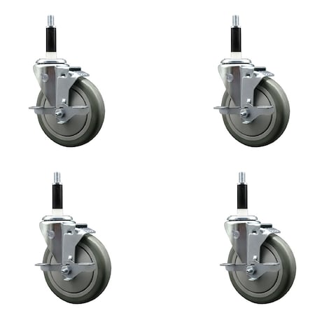 Service Caster 5'' SS Gray Poly Swivel 7/8'' Expanding Stem Caster Set with Brake, 4PK SCC-SSEX20S514-PPUB-TLB-78-4